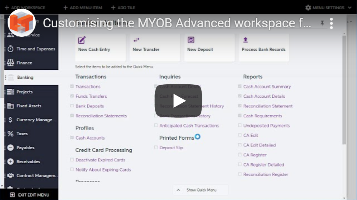 Customising the MYOB Advanced workspace for admins
