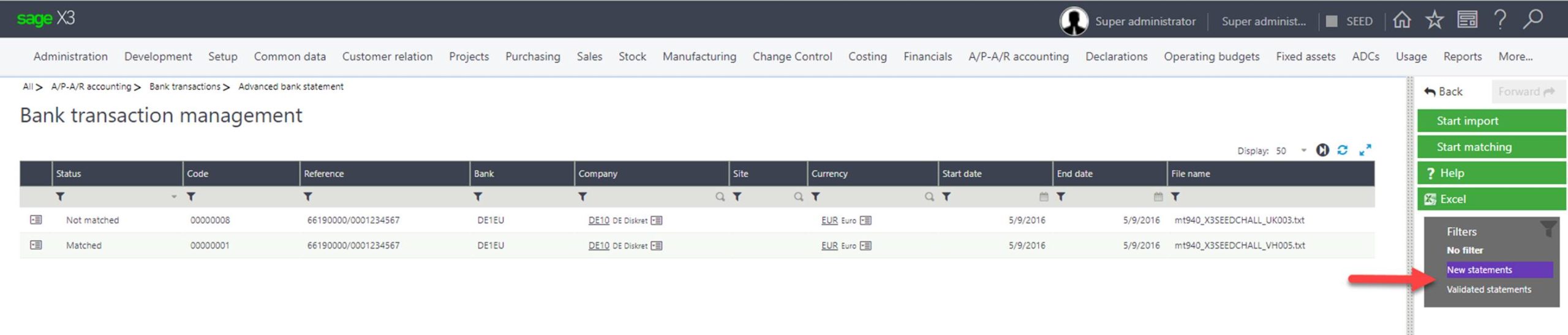Match Bank Statements in Sage X3