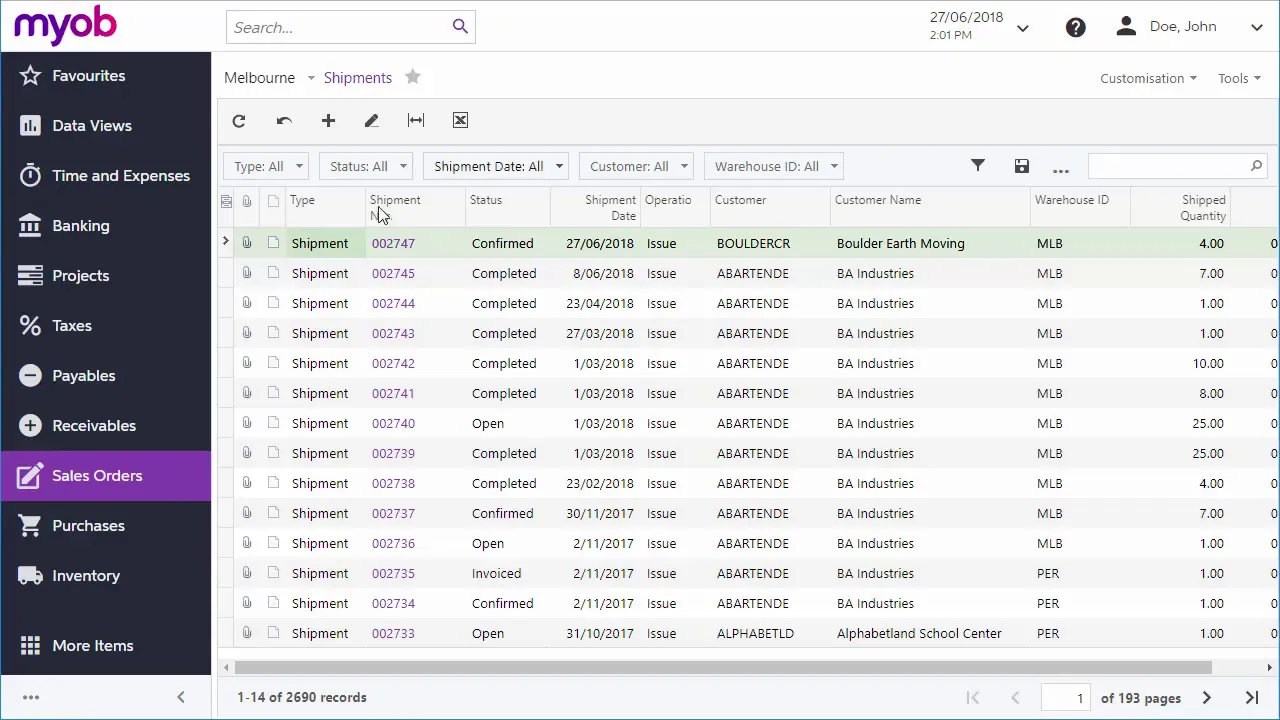 Processing a Sales Order in MYOB Acumatica