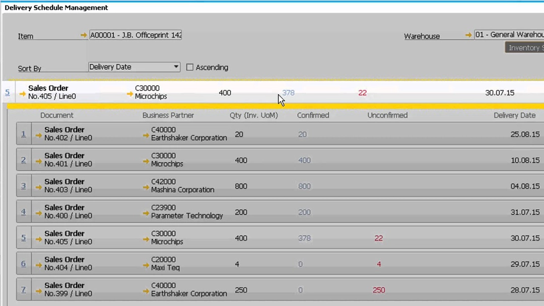 SAP B1 HANA Delivery Schedule Management
